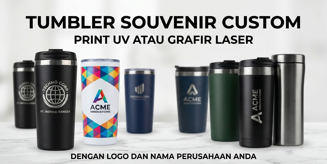 Tumbler Souvenir Custom Print UV atau Grafir Laser Logo dan Nama Perusahaan